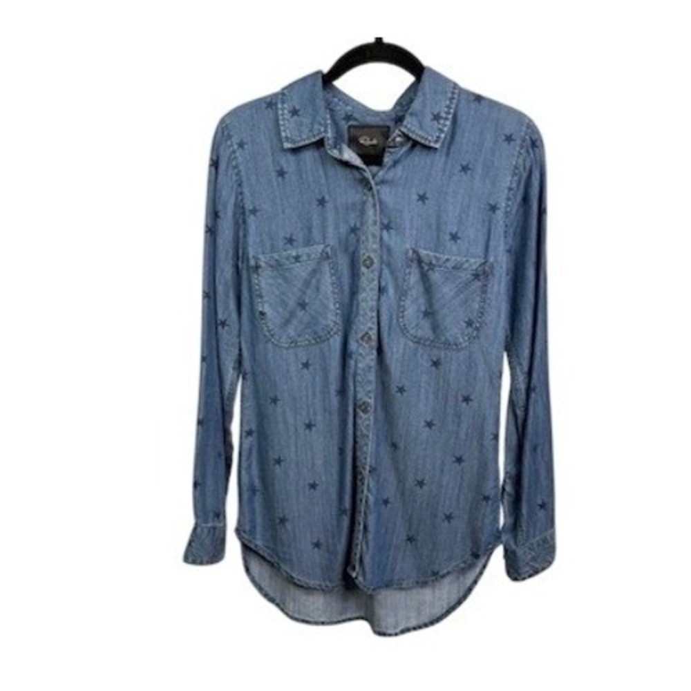Rails Hunter Star Print Chambray Button Down Shirt Blue XS Long Sleeve Pockets